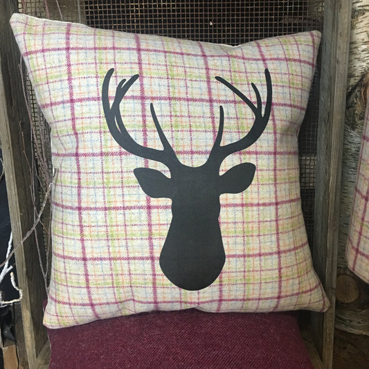 Raspberry Check Tweed Stag Cushion