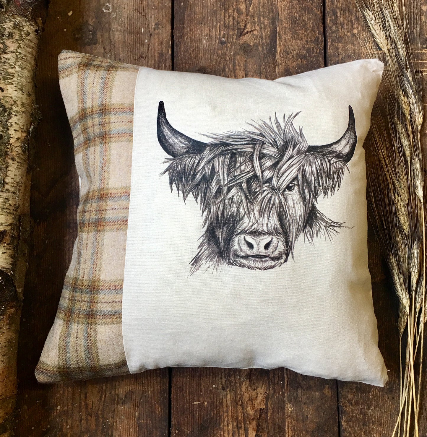 Autumn Tweed Highland Cow Cushion