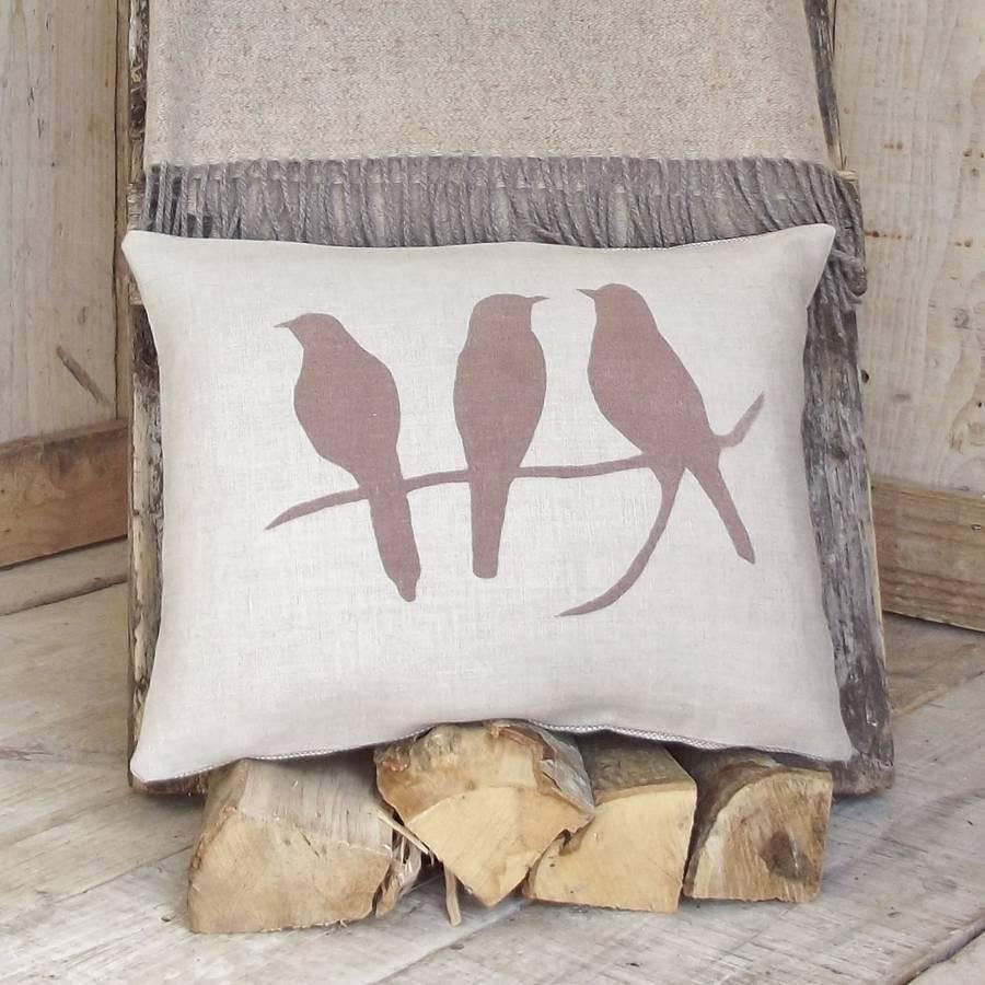 ' Bird On A Branch ' Linen Cushion (Chestnut Brown)