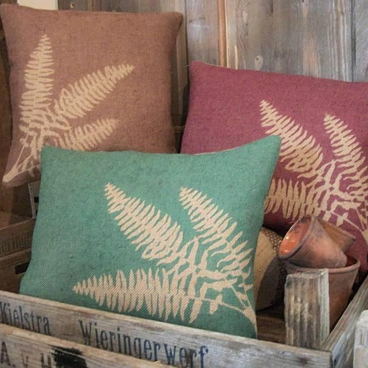 ' Fern ' Hessian cushion (Brown, Green & Red)